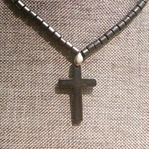90s Hematite Cross Pendant and Beaded Necklace - Pre-loved (16")